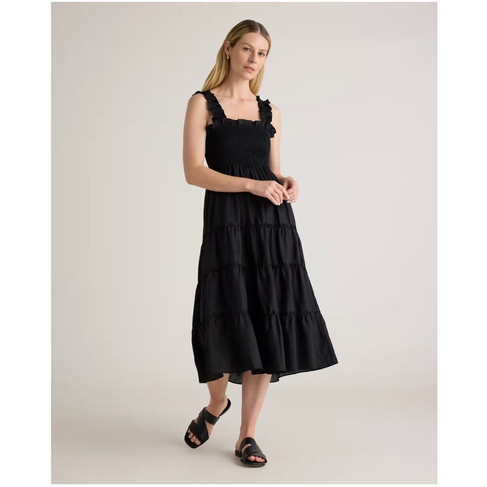 Quince Black Smocked Tiered Midi Dress with Ruffle Straps